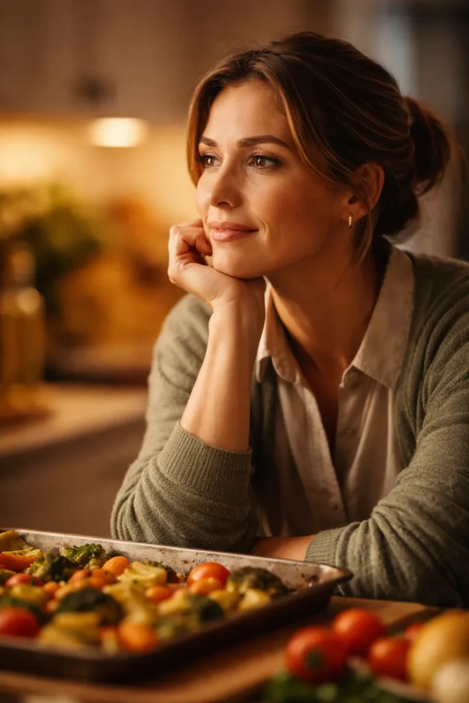 Close-up of a contemplative person in a warmly lit kitchen, no text