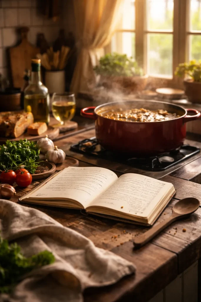 Cozy kitchen with recipe notebook and simmering pot