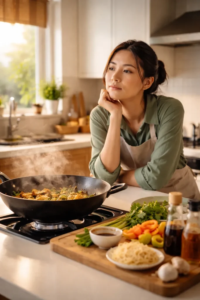 Contemplative home cook at a warm kitchen island with a steaming wok in the background