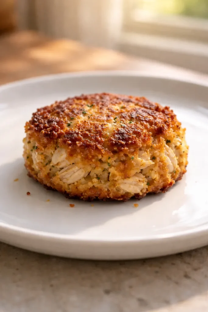 Close-up of a single crab cake on a white plate bathed in warm light