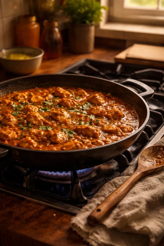 Pan of simmering curry on stove with warm kitchen lighting