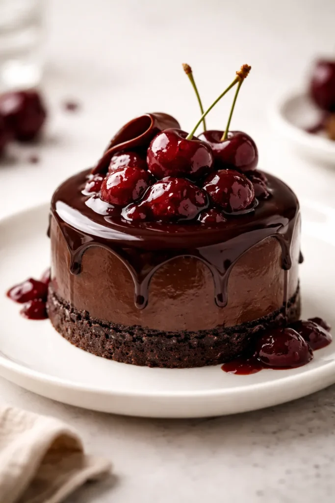 Single chocolate-cherry dessert on a plate with soft lighting