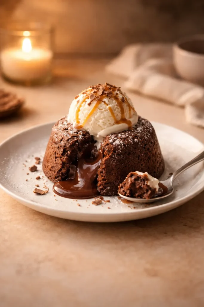 Minimalist plate with finished dessert under warm lighting