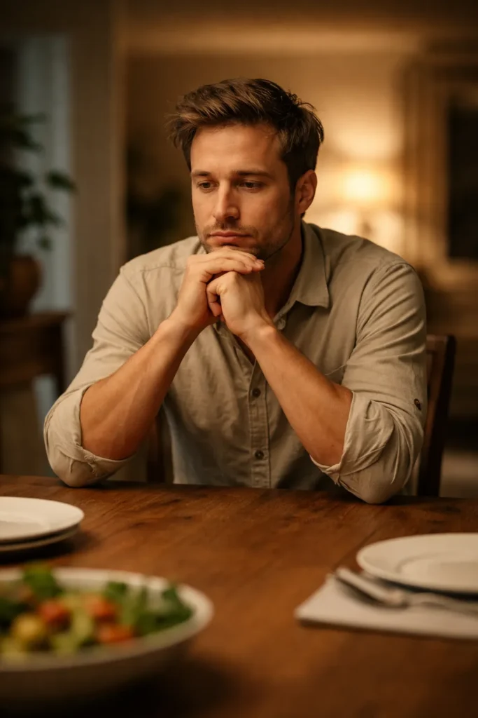 Solitary figure at dining table in thoughtful pose, conveying final thoughts theme