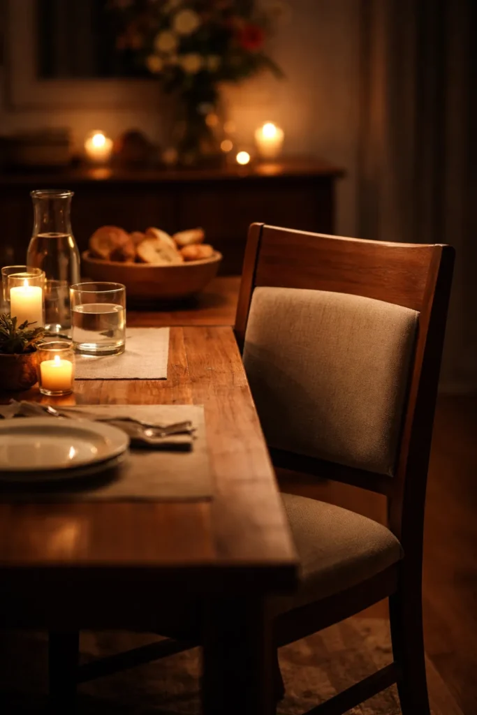 Warm candlelit dining room with an empty chair at the head of a table, symbolizing final thoughts after a shared meal