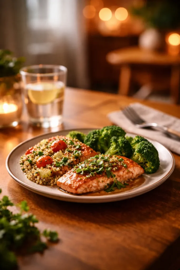 Single healthy dinner plate on warm wooden table with soft background bokeh
