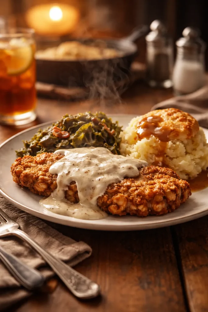 Plate of comforting Southern dinner in warm kitchen light