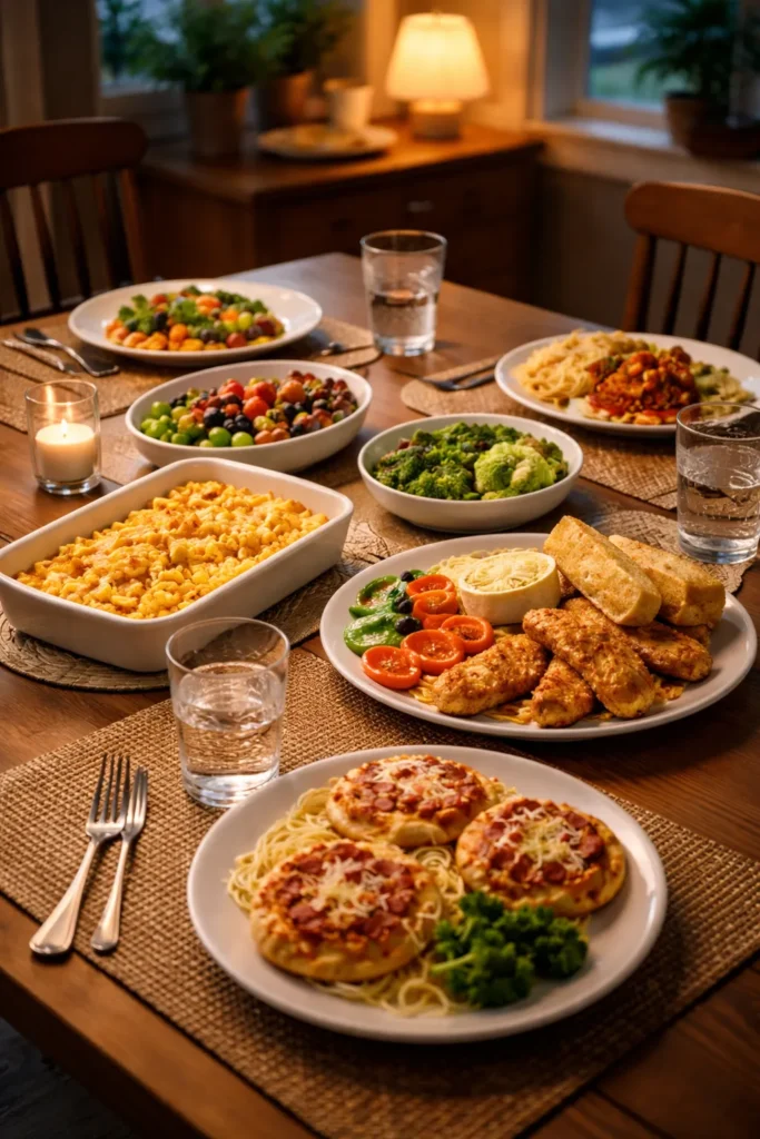 Calm dining scene with simple comforting meals suggesting final thoughts on easy family dinners
