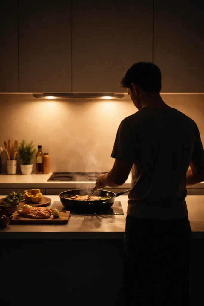 Silhouette of a contemplative cook in a minimalist kitchen, representing final reflections on mastering quick fish dinners