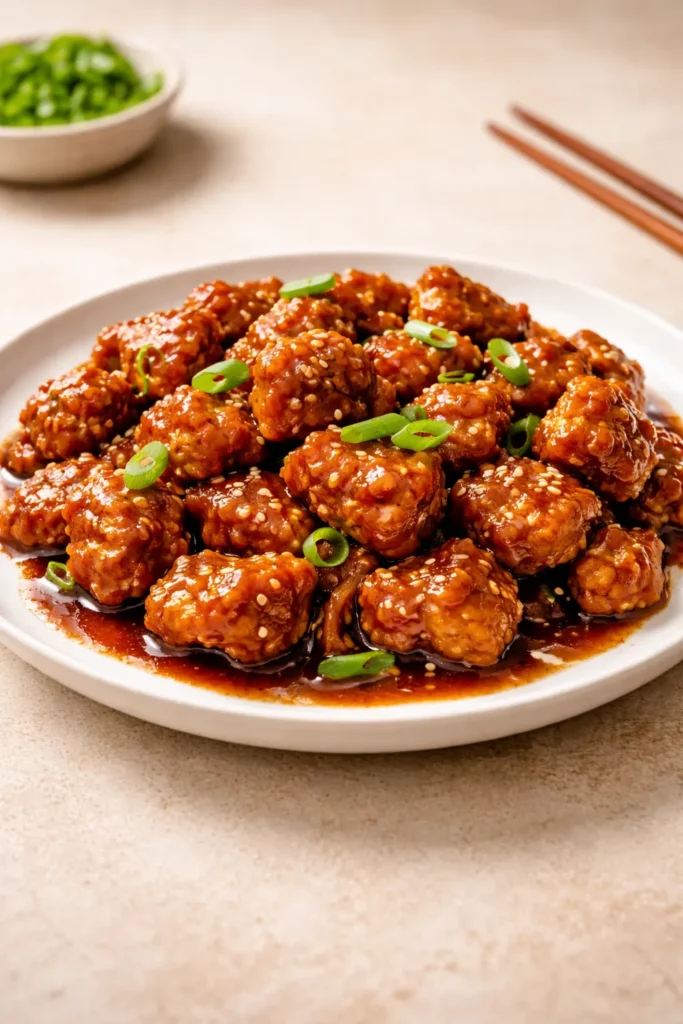 Plate of General Tso's chicken on a clean surface