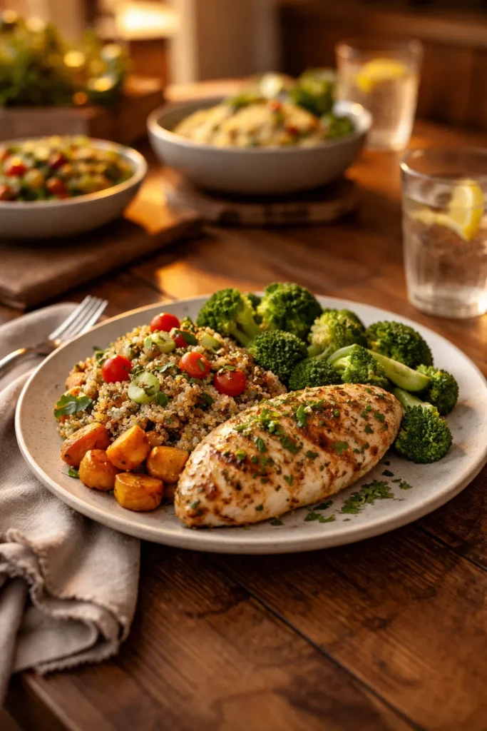 Plate of colorful gluten-free dinner on a wooden table under warm lighting.