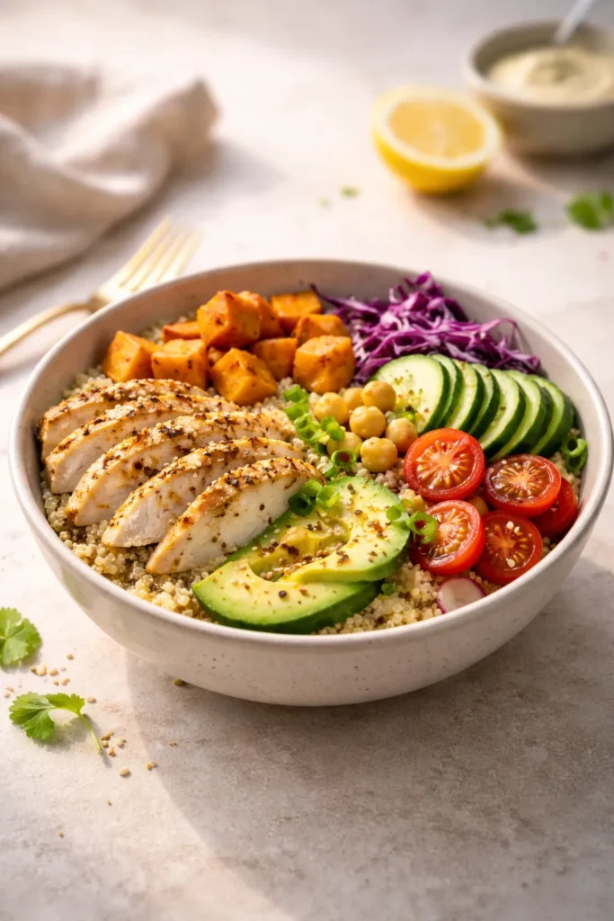 Close-up of a single grain bowl in warm light, minimalist setting.