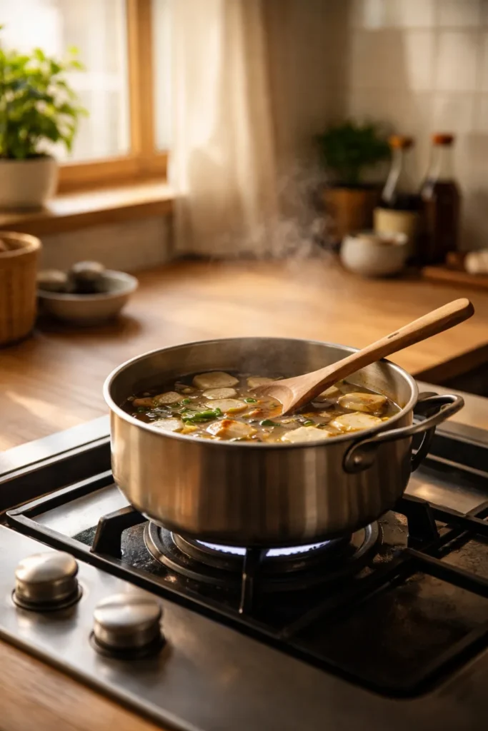 Calm home kitchen with a simmering pot and wooden spoon, reflecting final thoughts on simple Japanese home cooking