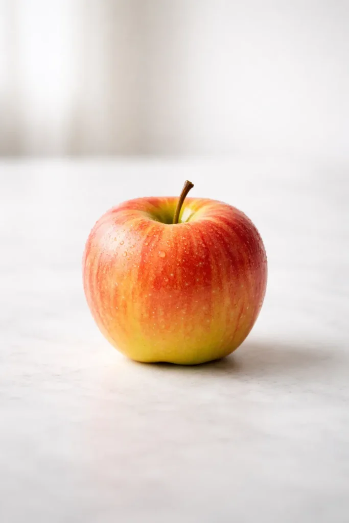 Single Honeycrisp apple on a clean surface with soft lighting