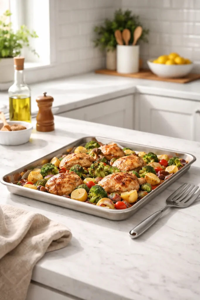 Minimal kitchen scene with a single sheet pan awaiting cleanup