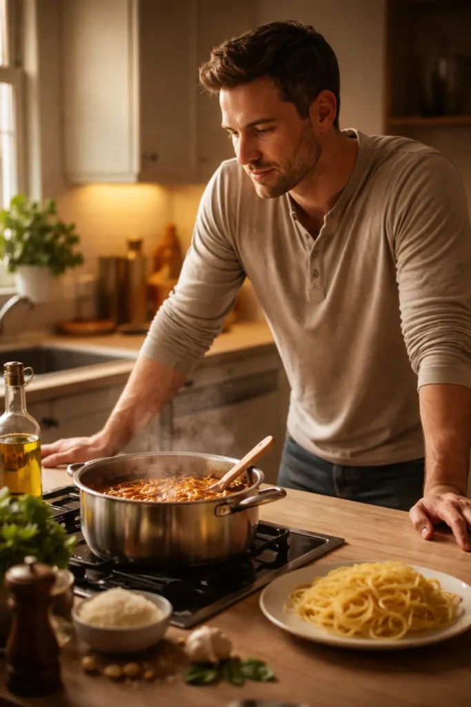 Silhouette of a person thinking in a kitchen with a simmering pot nearby