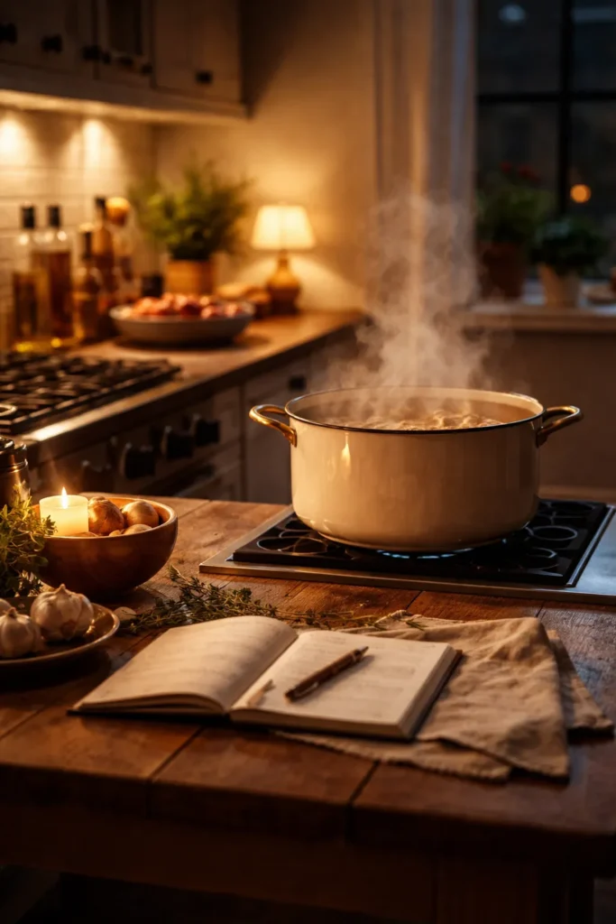 Cozy kitchen with a simmering pot, symbolizing reflection and planning for future meals
