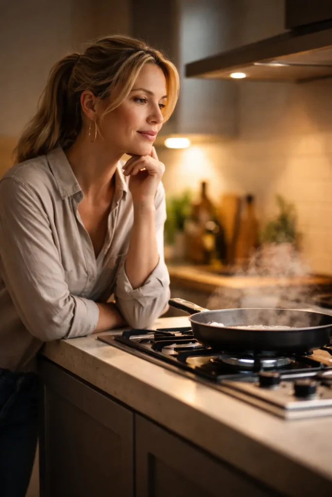 Thoughtful person at stove contemplating quick stovetop dinners in a warm kitchen