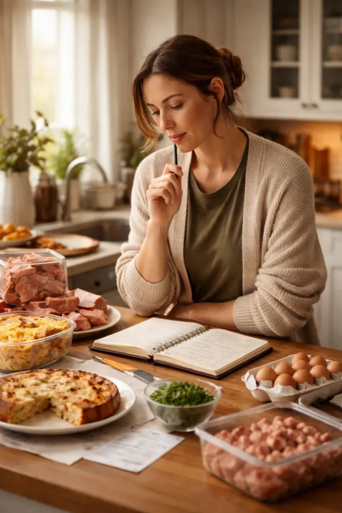 Thoughtful cook planning recipes in a kitchen