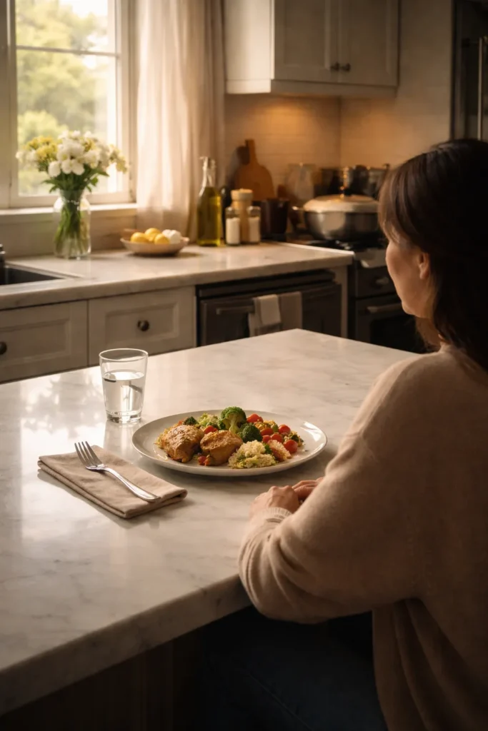 Reflective moment in the kitchen with a prepared meal on the counter