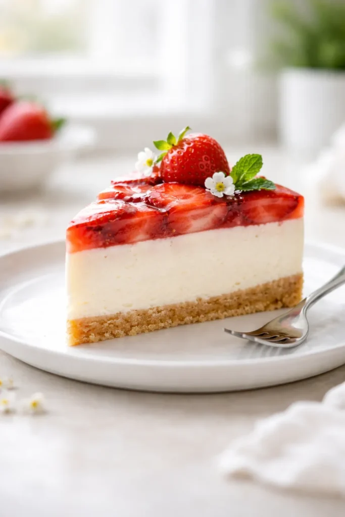 Elegant no-bake cake slice on white plate with soft light