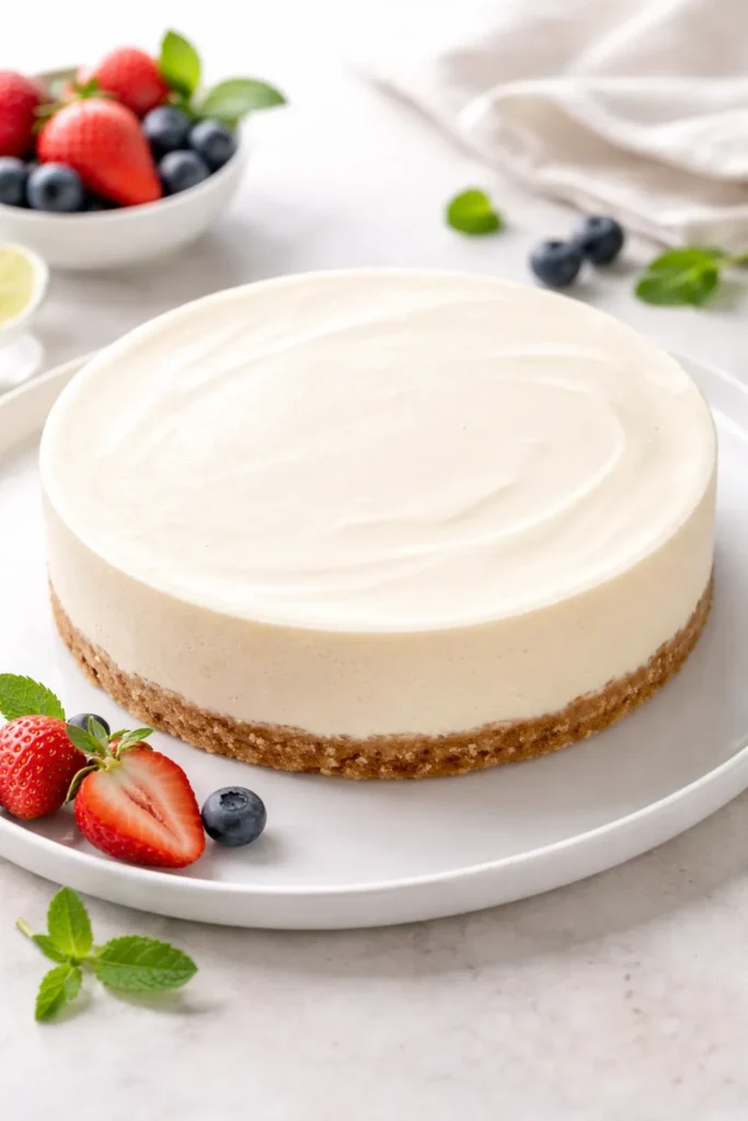 Close-up of a smooth no-bake cheesecake on a white plate under soft studio lighting