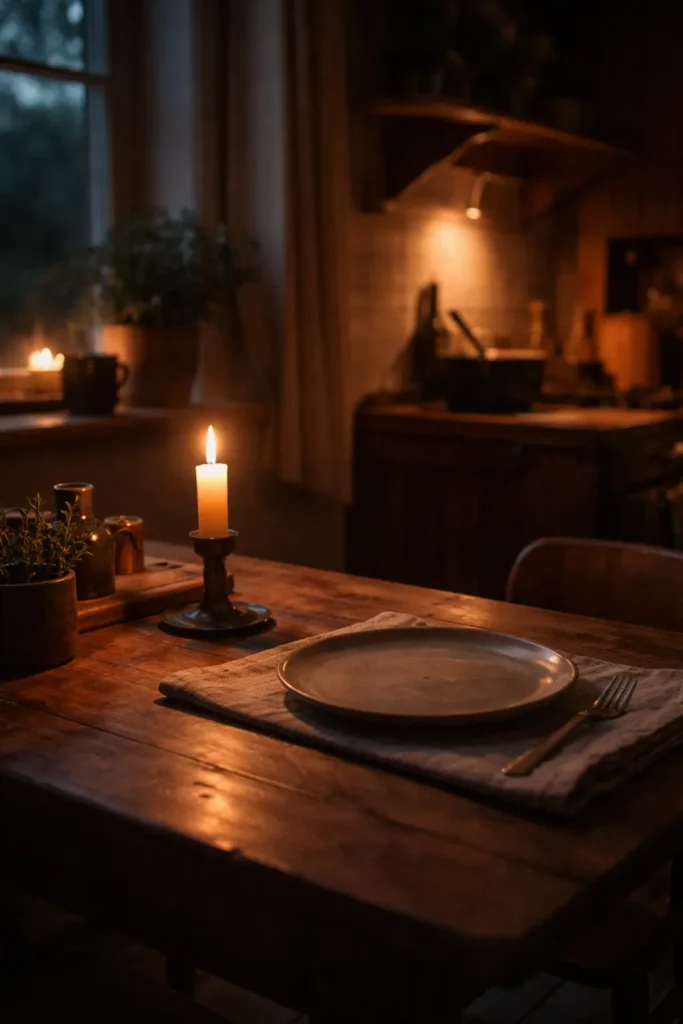 Calm Nordic kitchen scene with a candle and empty plate