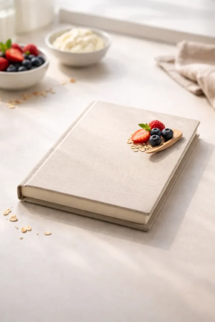 Single closed notebook on a clean surface symbolizing final thoughts about protein crepes