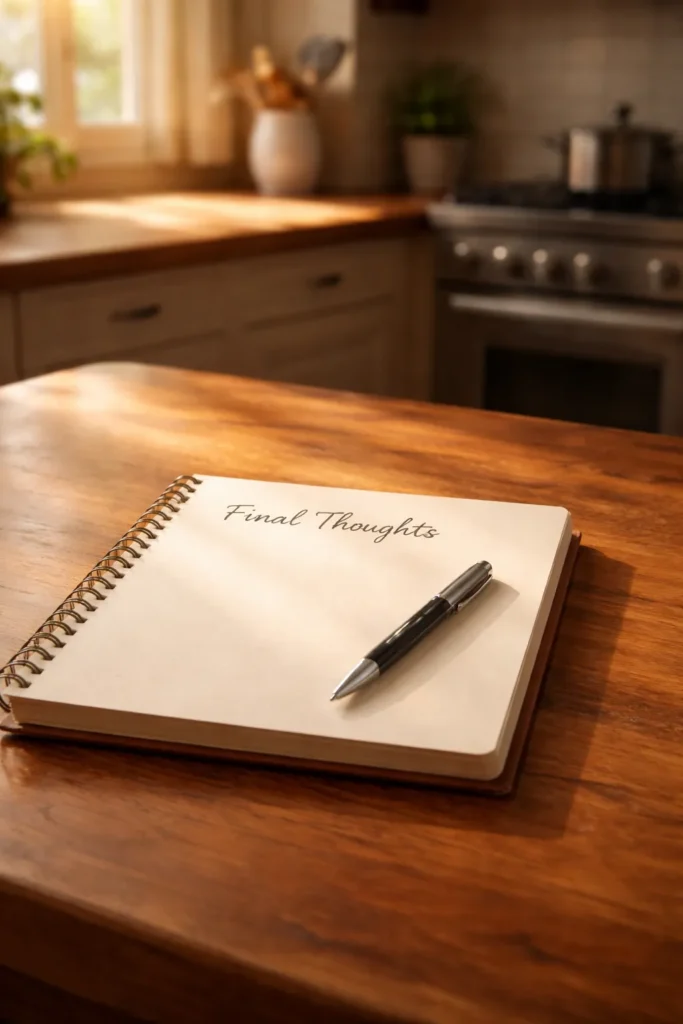 Blank notebook and pen on a wooden table in soft Sunday light