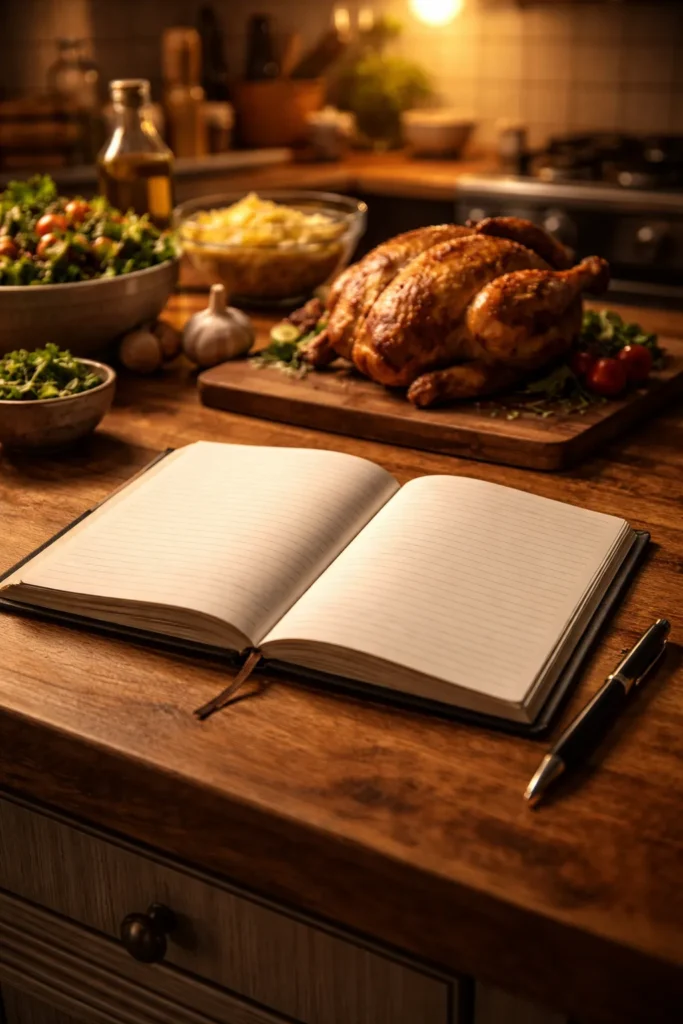 Blank recipe notebook with a pen on a warm kitchen counter