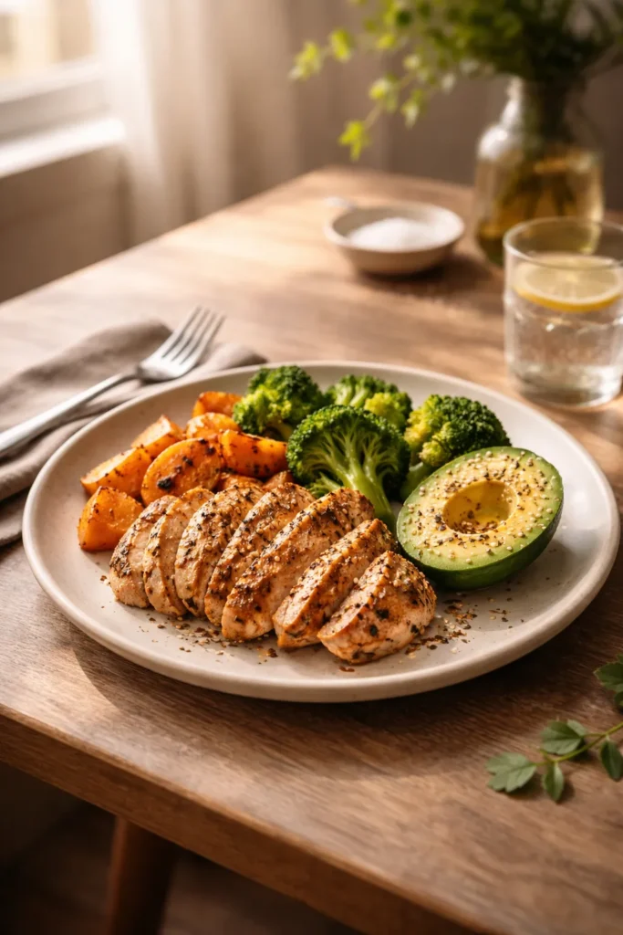 Calm dining scene with paleo dinner plate and reflective mood