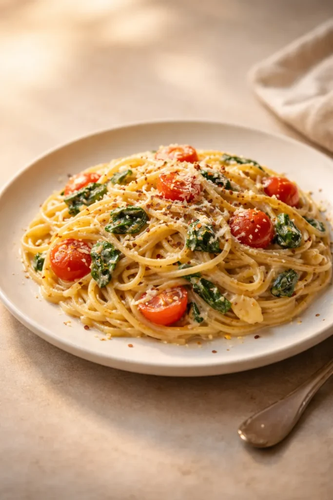 Plate of pasta under warm lighting with soft shadows