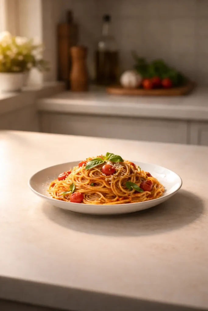 Minimalist pasta plate in warm light with lots of negative space for reflection.