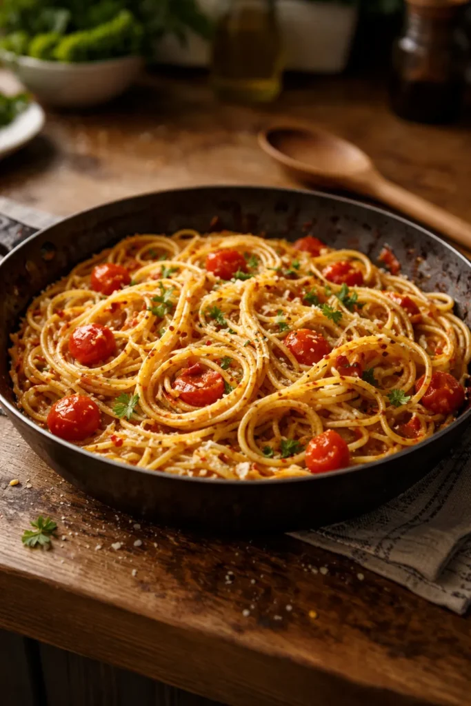 Carbon steel pan with wooden spoon on wooden surface