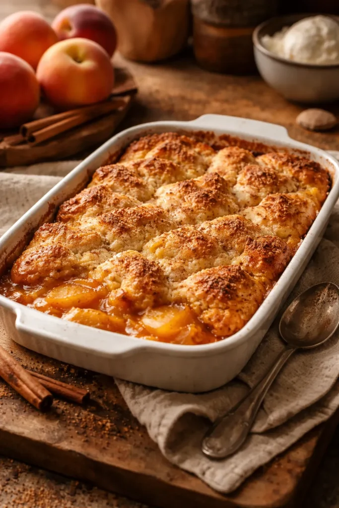 Fresh peach cobbler cooling on a rustic counter with warm lighting