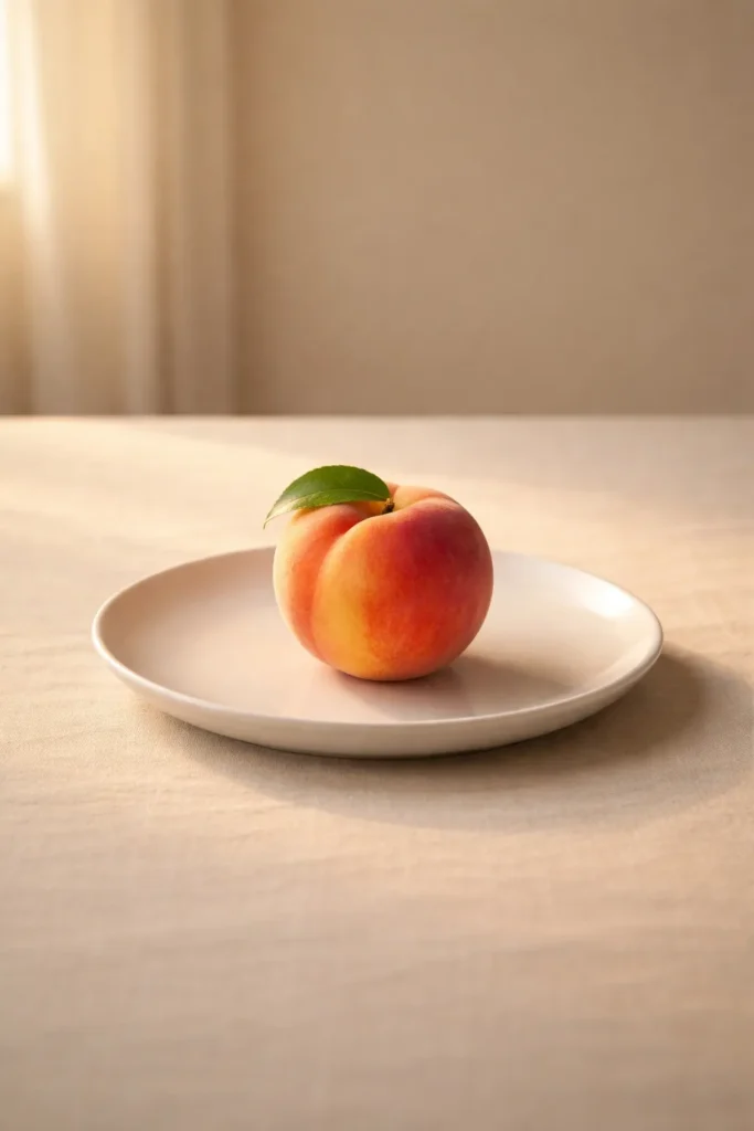 Single peach on a plate in a soft-lit still life