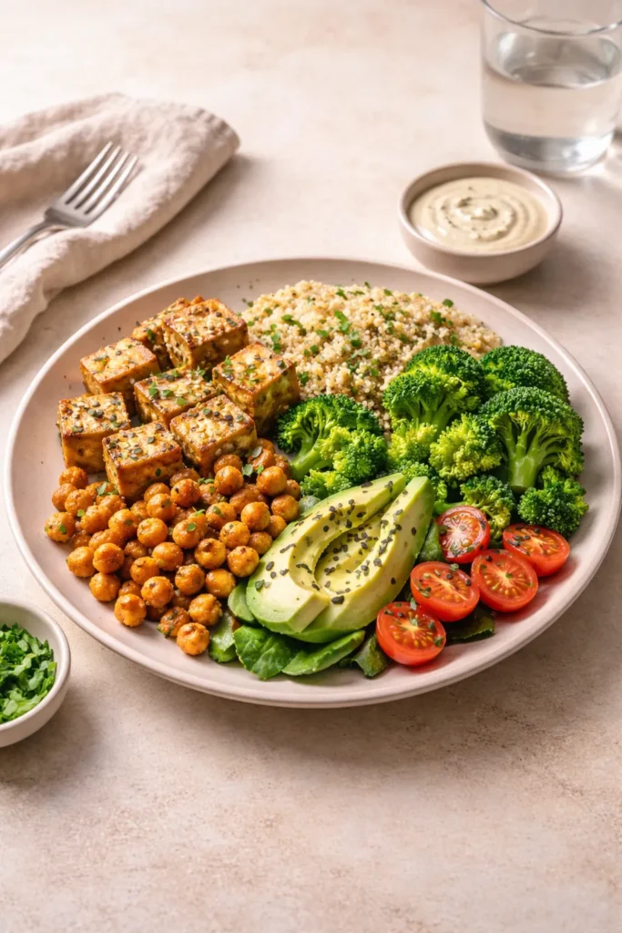 Minimal plate with a balanced plant-based dinner