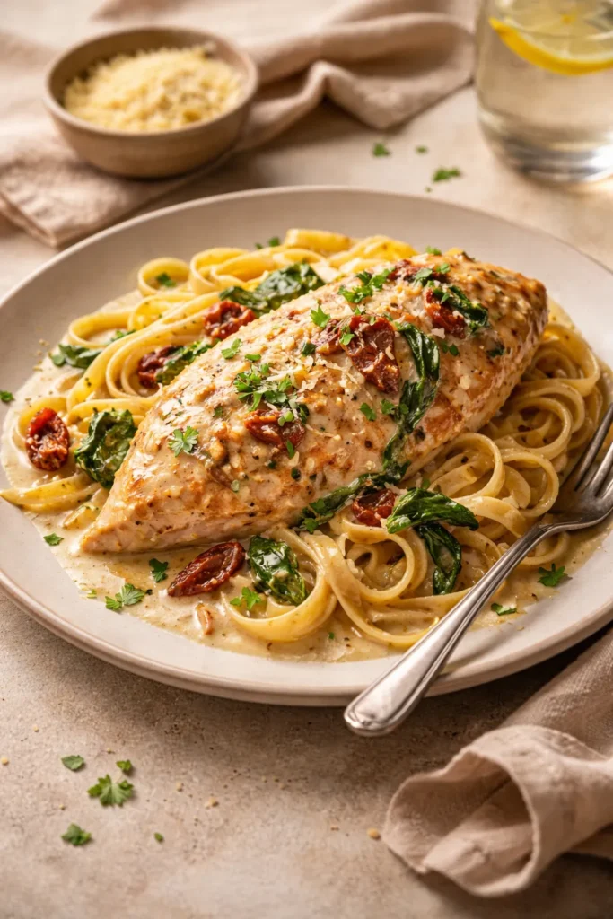  plated creamy Tuscan chicken pasta showing a finished crockpot dinner