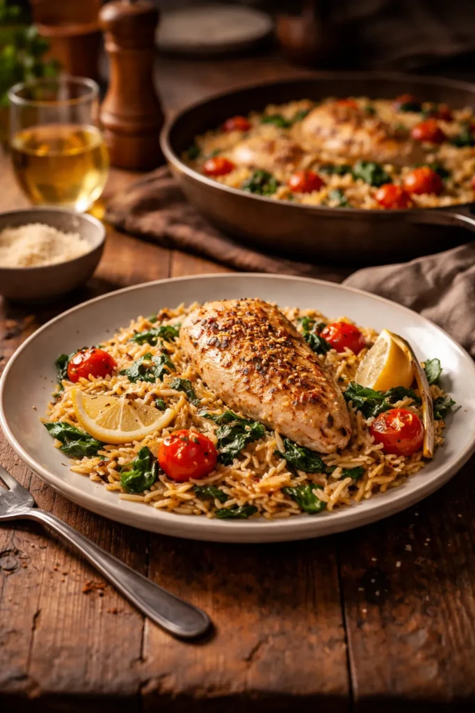 Plated skillet dinner on a rustic table with warm lighting