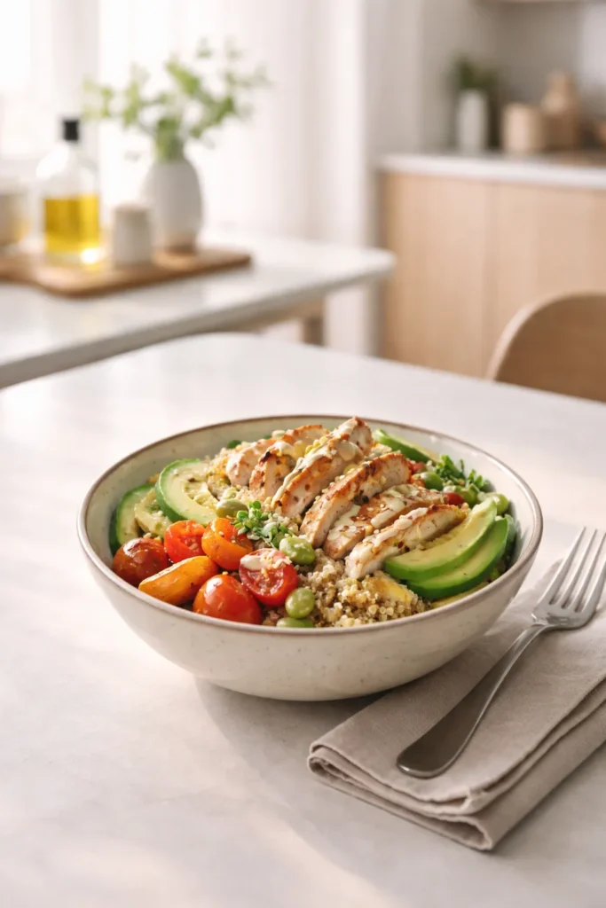 Minimal shot of a finished protein bowl on a clean surface