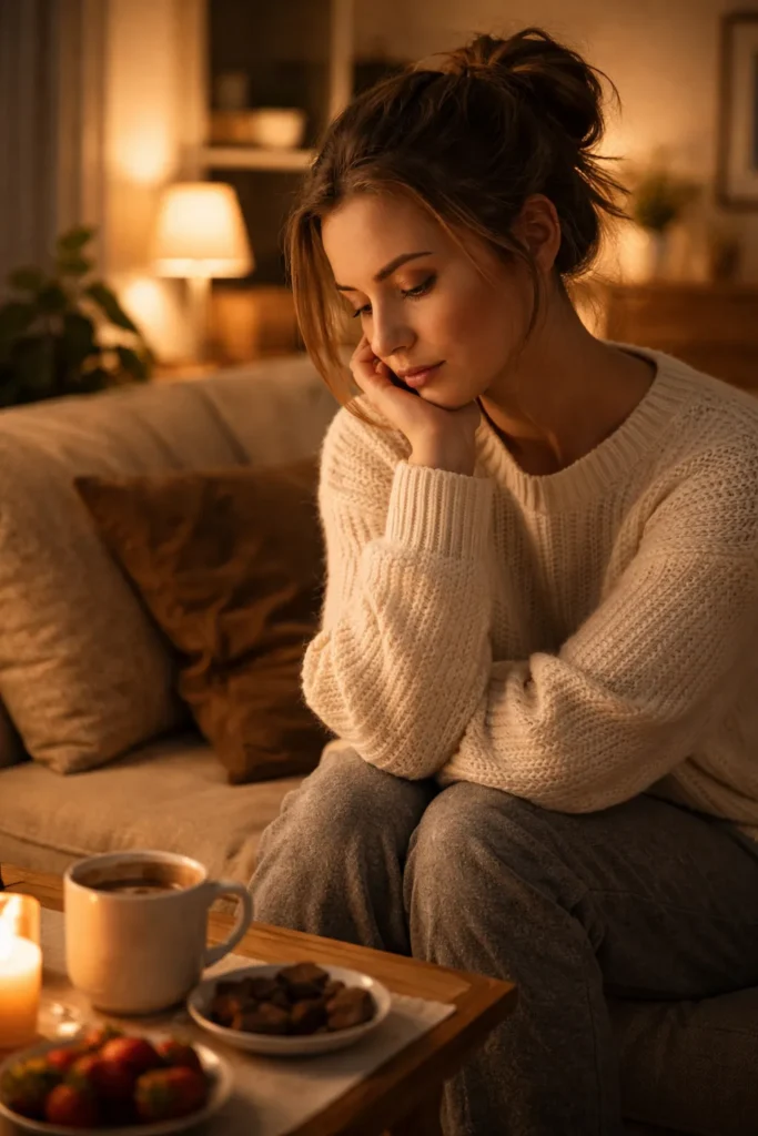 Person reflecting in a quiet, warm-lit room