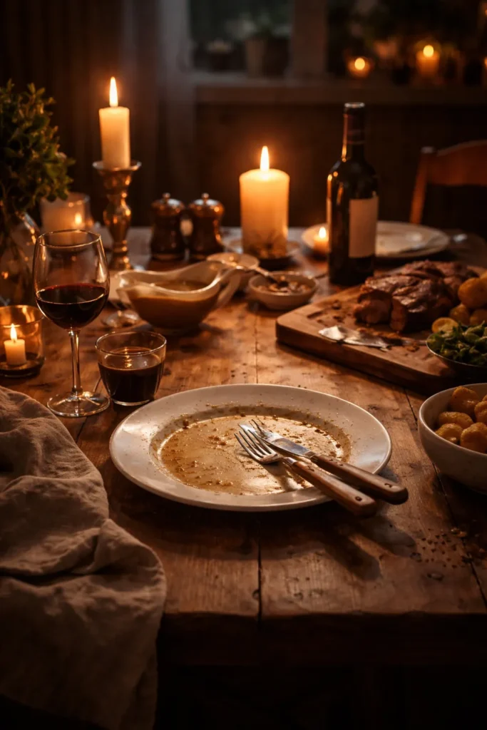 Candlelit dining scene with an empty plate on a wooden table