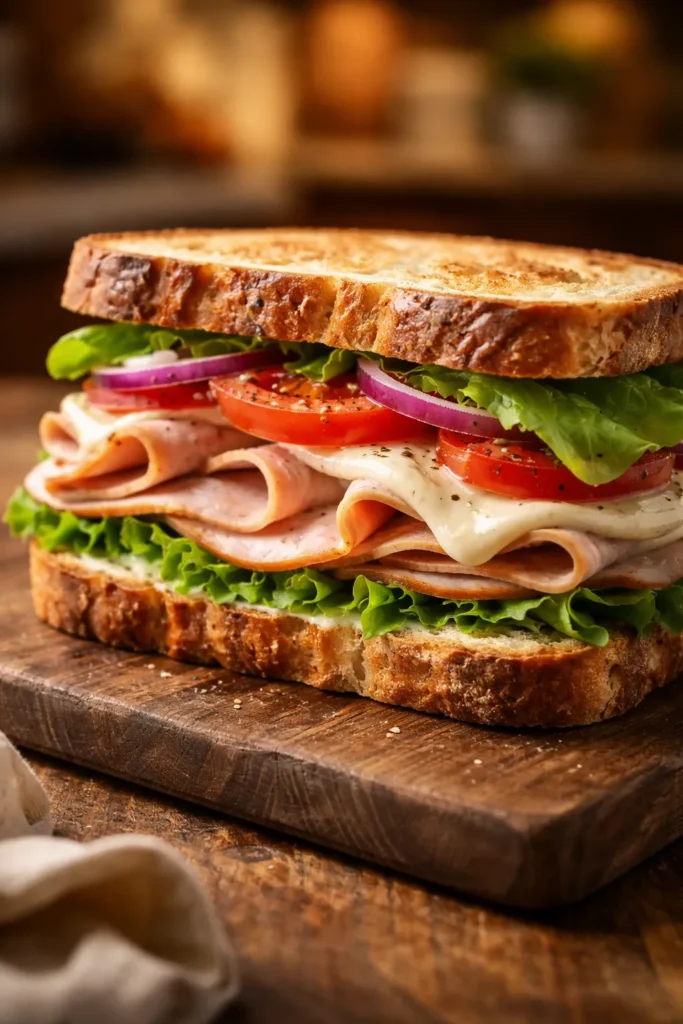 Close-up of a layered sandwich on a wooden board with warm lighting