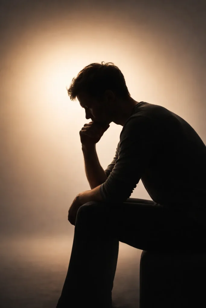 Silhouette of person thinking against gradient background, reflective mood