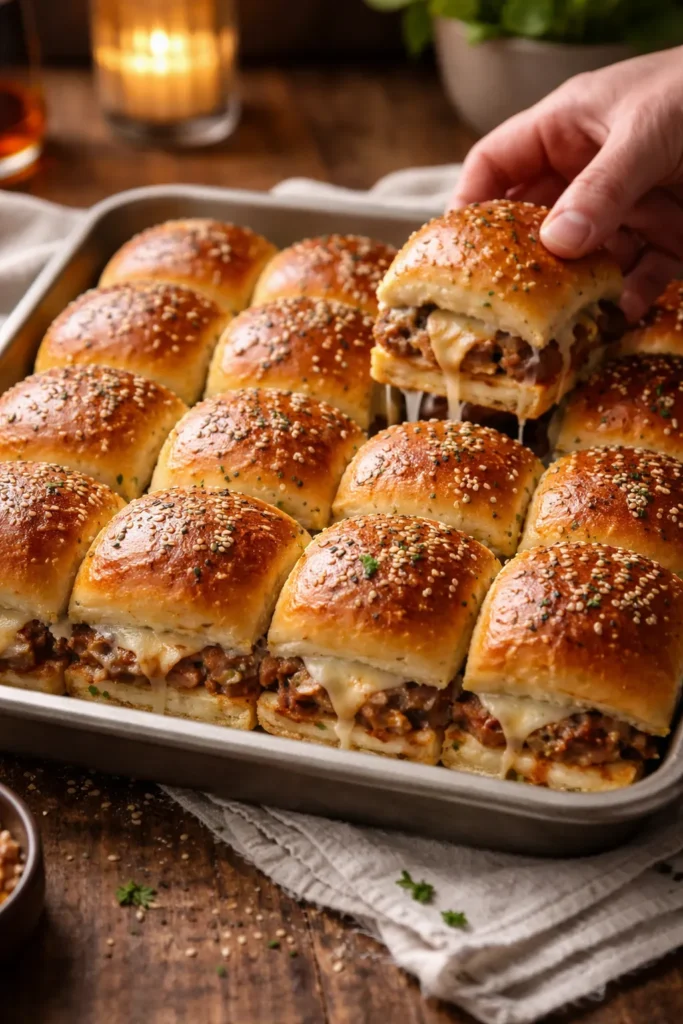 Tray of finished sliders on a platter ready to serve
