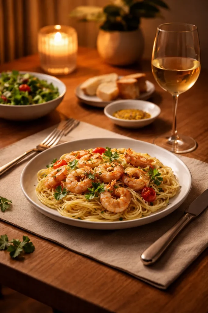 Calm solo dinner scene with one plate of food and warm lighting