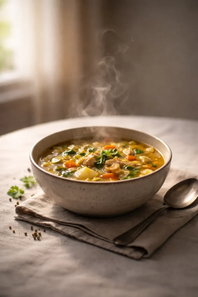 Steaming bowl of soup on a simple table with soft lighting, conveying final reflections
