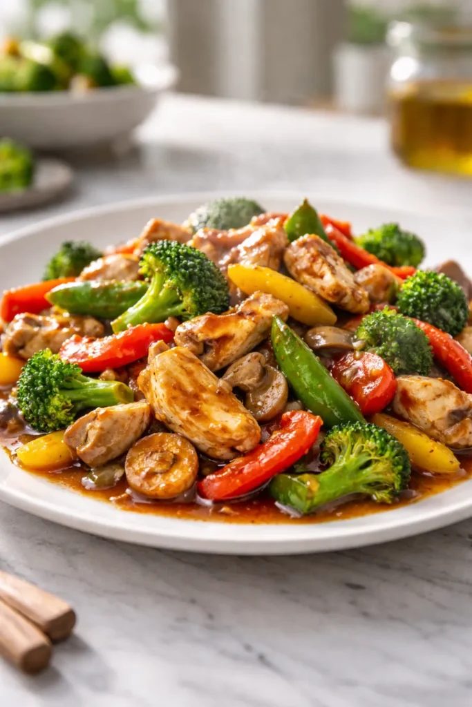 Plate of vibrant stir fry with steam rising in a quiet kitchen