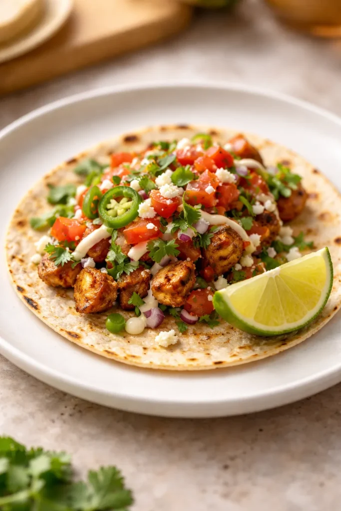 Close-up of a single plated taco on a white plate, representing final thoughts after taco night