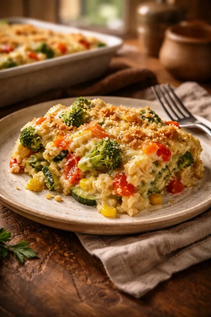 Plate of veggie casserole on a warm kitchen table.